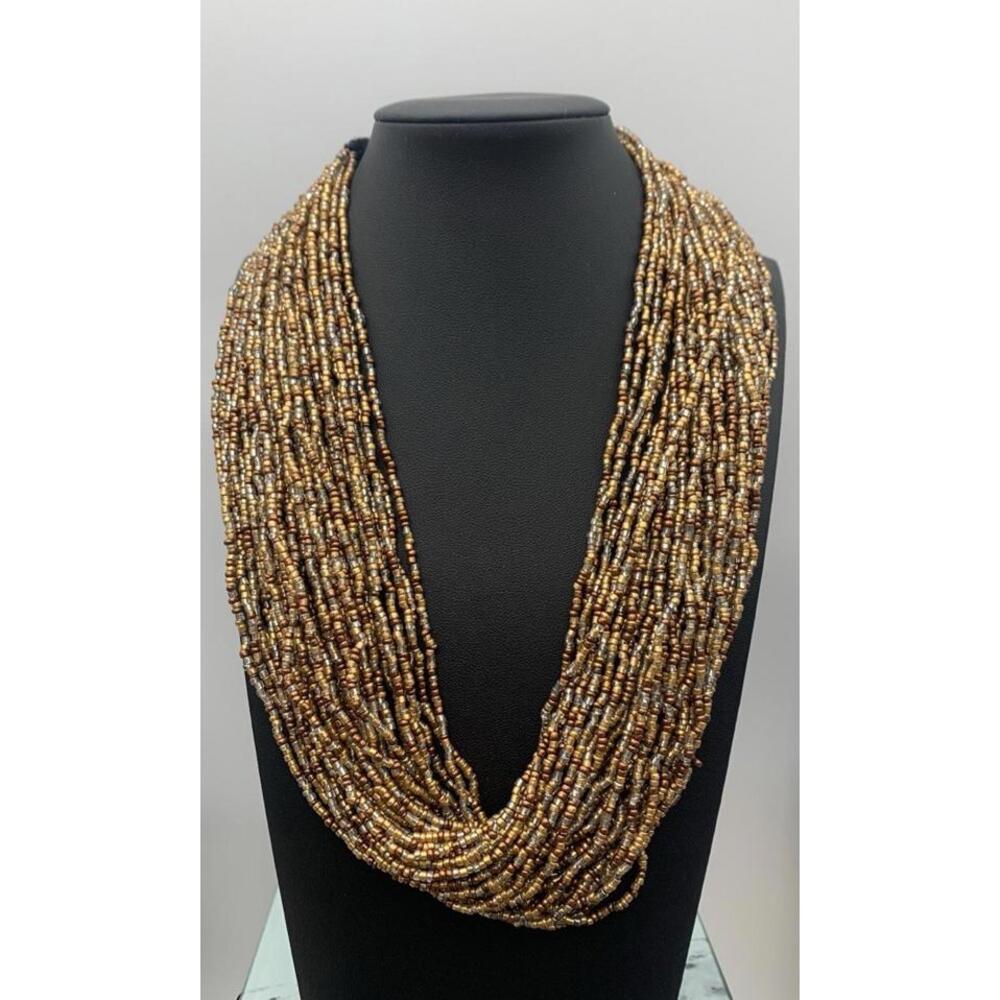 Vintage 39 Strand Gold And Silver Tone Seed Beaded Knit Closure Style Necklace